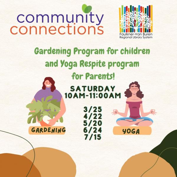 cartoon image of person holding a plant & person in a meditation pose with Community Connections logo & list of program dates